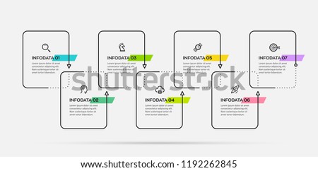 Thin line minimal Infographic design template with icons and 7 options or steps.  Can be used for process diagram, presentations, workflow layout, banner, flow chart, info graph.