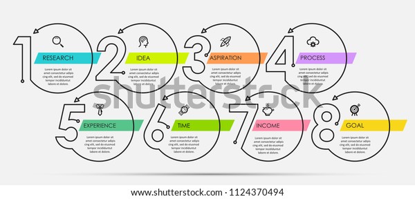 アイコンと8つのオプションまたはステップを備えた細線の最小インフォグラフィックデザインテンプレート プロセス図 プレゼンテーション ワークフローレイアウト バナー フローチャート 情報グラフに使用できます のベクター画像素材 ロイヤリティフリー