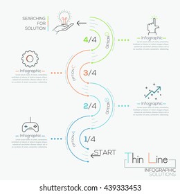 Thin line minimal infographics options banner with round shapes for 4 steps. Vector. Can be used for web design, process template and workflow layout