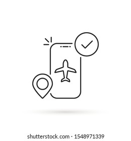 thin line mobile air booking icon. flat stroke style trend modern linear logotype graphic art design isolated on white background. concept of airline special offer and ticket preorder or reserved