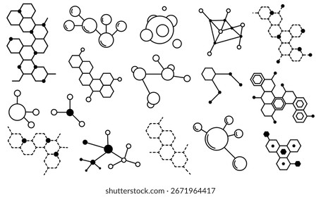 Thin line molecular structure set with minimal geometric style. Ideal for science and chemistry, biology and physics, medicine and technology, research, biotech and futuristic design projects.