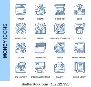 Thin Line Money Related Vector Icons Set for Website and Mobile Site and Apps. Outline icons design. Contains such Icons as Wallet, Credit Card Payment, Money Flow and more. Linear Pictogram Pack.