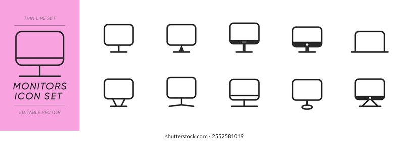 Conjunto de ícones do monitor de linha fina. Coleção editável de ícones de exibição de tela de monitor de vetor.