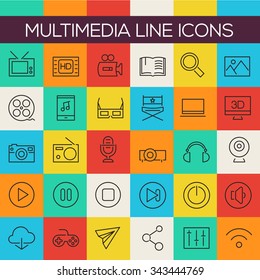 Thin line multimedia icons on colored squares