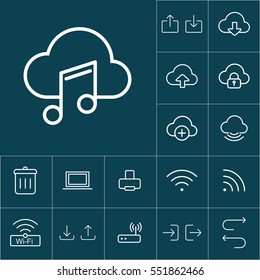 thin line music cloud icon on blue background, web internet icons set