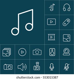 thin line music note icon on blue background, multimedia icons set
