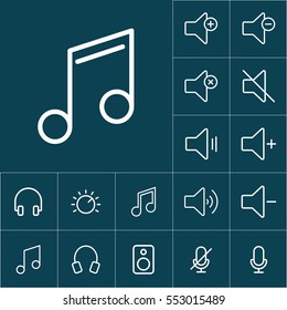 thin line music note icon on blue background, audio icons set