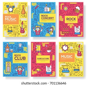 Thin line musicians playing  brochure card set. during the party  template of flyear, magazines, poster, book cover, banners. Outline rock club and bar invitation concept