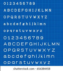 Thin line and narrow English alphabets and numbers on blue graph paper. Vector line illustration.