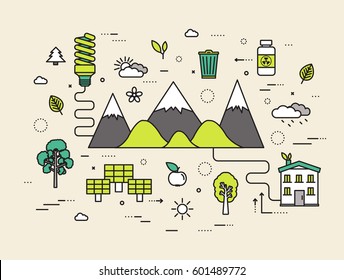 Thin line natural resources modern illustration concept. Infographic way from ecology to clean energy. Icons on isolated white background.