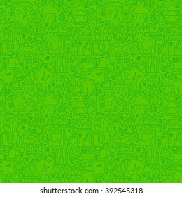 Thin Line Nature Garden Green Seamless Pattern. Vector Website Design and Seamless Background in Trendy Modern Outline Style. Flowers and Gardening.