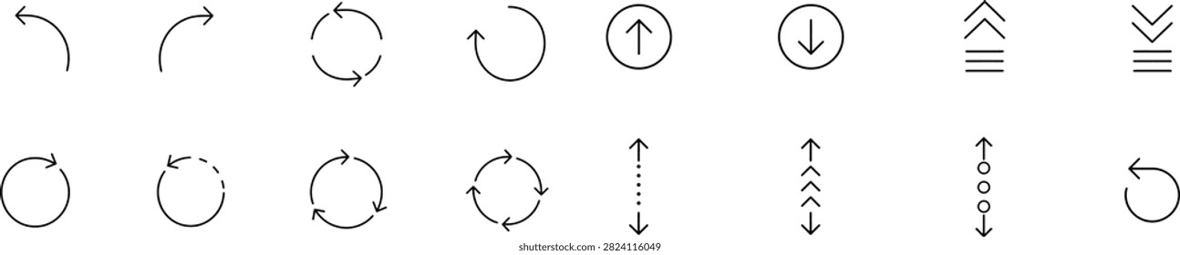 Thin line navigation arrow icon set with black interface symbols for web and mobile applications