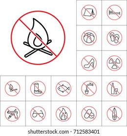 thin line no fire, bonfire forbidden sign on white background, camping prohibitions set