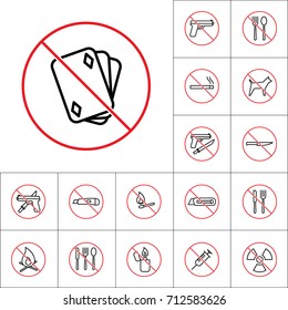 thin line no gambling sign on white background, prohibition of dangerous items set