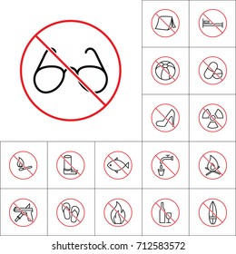thin line no glasses sign on white background, camping prohibitions set