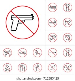 thin line no gun sign on white background, prohibition of dangerous items set