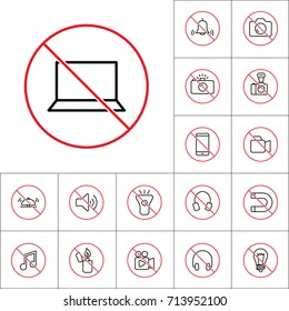 thin line no laptop sign on white background, gadget prohibitions set