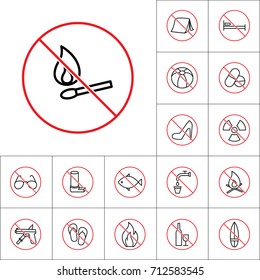 thin line no matches, fire forbidden sign on white background, camping prohibitions set