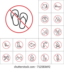thin line no slipper sign on white background, camping prohibitions set