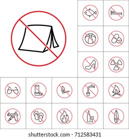 thin line no tent sign on white background, camping prohibitions set
