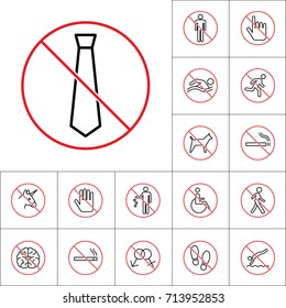 thin line no tie sign on white background, human prohibition signs