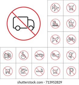 thin line no trucks prohibition sign on white background, transport prohibition signs