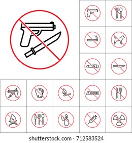 thin line no weapon sign on white background, prohibition of dangerous items set set