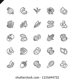 Thin line nuts, seeds and beans elements icons set for website and mobile site and apps. Outline icons design. 48x48 Pixel Perfect. Linear pictogram pack. Vector illustration.