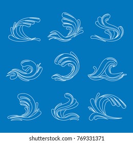 Thin Line Ocean or Sea Blue Waves Icons Set Style Design Decoration Element Symbol Travel. Vector illustration