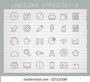 Thin line office icons on paper background, set 2