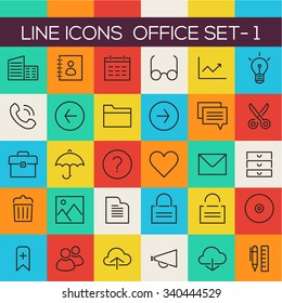 Thin line office icons on colored squares, set 1