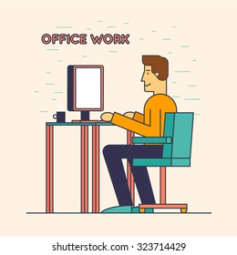 Thin line Office worker sitting at the table and working on the computer. Flat design vector illustration. 