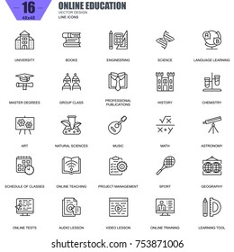 Thin line online education, e-learning, e-book icons set for website and mobile site and apps. Contains such Icons as University, School. 48x48 Pixel Perfect. Editable Stroke. Vector illustration.