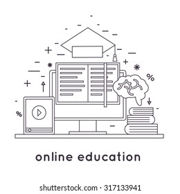 Thin line On-line education, online learning, on-line training courses, university, tutorials. Flat design vector illustration.
