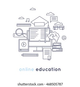Thin line Online education, learning, training courses, university, tutorials. Flat design vector illustration.