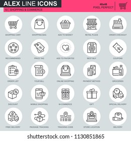 Thin line online shopping and e-commerce icons set for website and mobile site and apps. Contains such Icons as Basket, Delivery, Price Tag. 48x48 Pixel Perfect. Editable Stroke. Vector illustration.