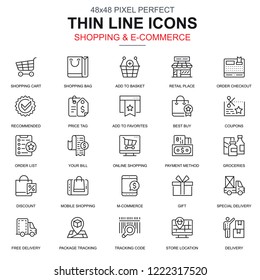 Thin line online shopping and e-commerce icons set for website and mobile site and apps. Contains such Icons as Basket, Delivery, Tag. 48x48 Pixel Perfect. Linear pictogram pack. Vector illustration.