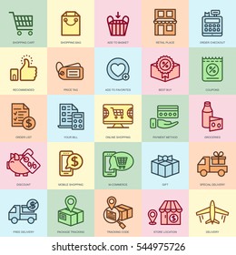 Thin line online shopping and e-commerce icons set for website and mobile site and apps. Pixel Perfect. Editable Stroke. Flat simple linear pictogram pack. Vector illustration.