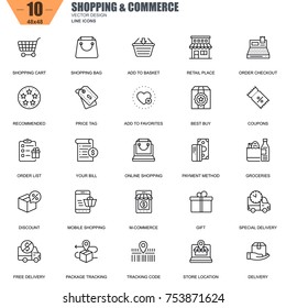 Thin line online shopping and e-commerce icons set for website and mobile site and apps. Contains such Icons as Basket, Delivery, Price Tag. 48x48 Pixel Perfect. Editable Stroke. Vector illustration.