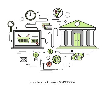 Das moderne Illustrationskonzept des Online-Shopping. Infografik von der Bank zu kaufen über das Internet. Symbole auf dem Hintergrund. Flaches Vektordesign für Webanwendungen und mobile Anwendungen
