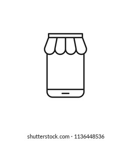 thin line online store on mobile icon on white background