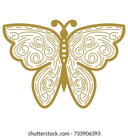 Thin line ornamental gold butterfly isolated on white background. Vector illustration.
