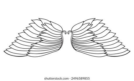 Thin line, outline doodle angel wings isolated on white.