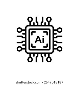 Ícone delineador de linha fina da unidade de processador central de IA. Hardware de tecnologia para aprendizagem de máquina, computação e robótica. Vetor isolado no branco.