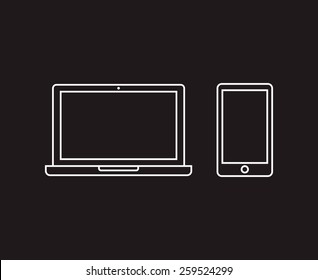 Thin line outline icons of laptop and smartphone isolated on dark background