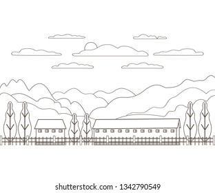 Thin line outline landscape rural farm. Panorama design village modern with mountain, hill, tree, sky, cloud and sun. Line art stile abstract backround, linear vector illustration