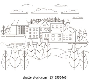 Thin line outline landscape rural farm. Panorama outdoor design village modern with river, hill, tree, sky, cloud and sun. Line art stile abstract backround, linear vector illustration