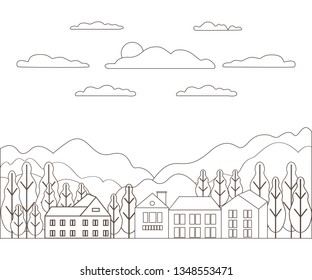 Thin line outline landscape rural farm. Panorama outdoor design village modern with mountain, hill, tree, sky, cloud and sun. Line art stile abstract backround, linear vector illustration outline 