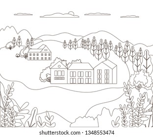 Thin line outline landscape rural farm. Panorama outdoor design village modern with mountain, hill, tree, sky, cloud and sun. Line art stile abstract backround, linear vector illustration