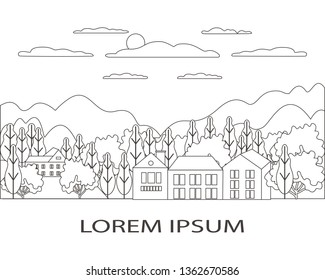 Thin line outline landscape rural farm. Panorama outdoor design village modern with mountain, hill, tree, sky, cloud and sun. Line art style abstract background, linear vector illustration